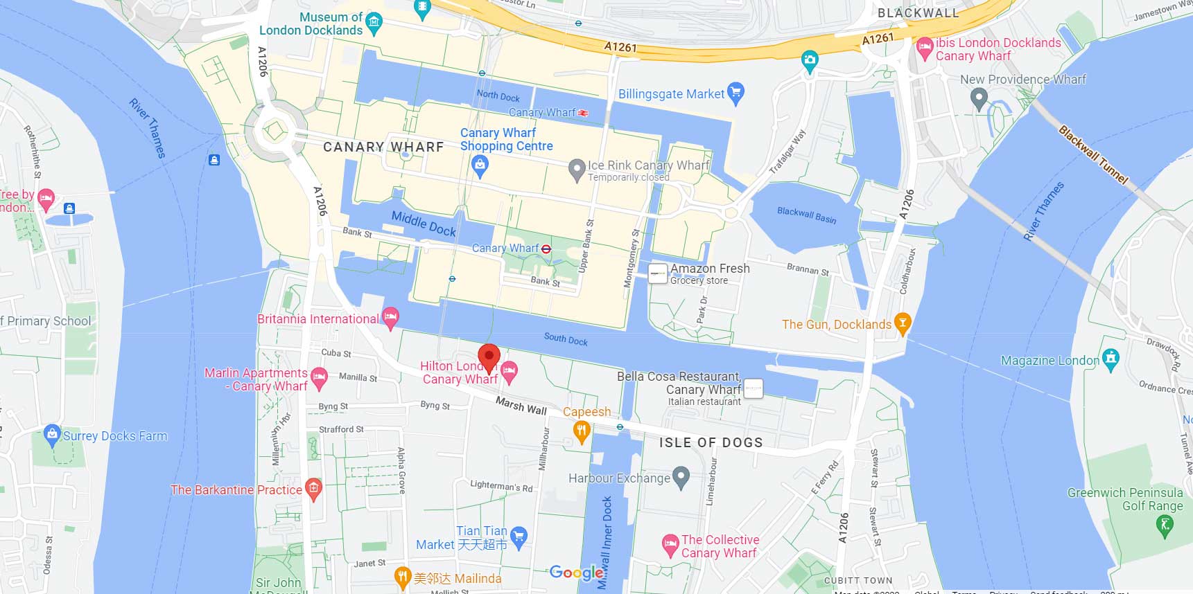 Map showing the Computers First Group office at Canary Wharf, London
